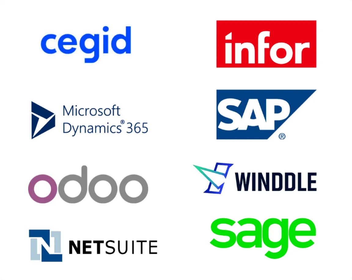 Les logos de Cegid, Infor, Microsoft Dynamics 365, SAP, Odoo, Winddle, NetSuite et Sage.