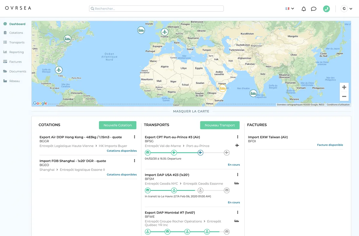 Tableau de bord de la plateforme digitale OVRSEA
